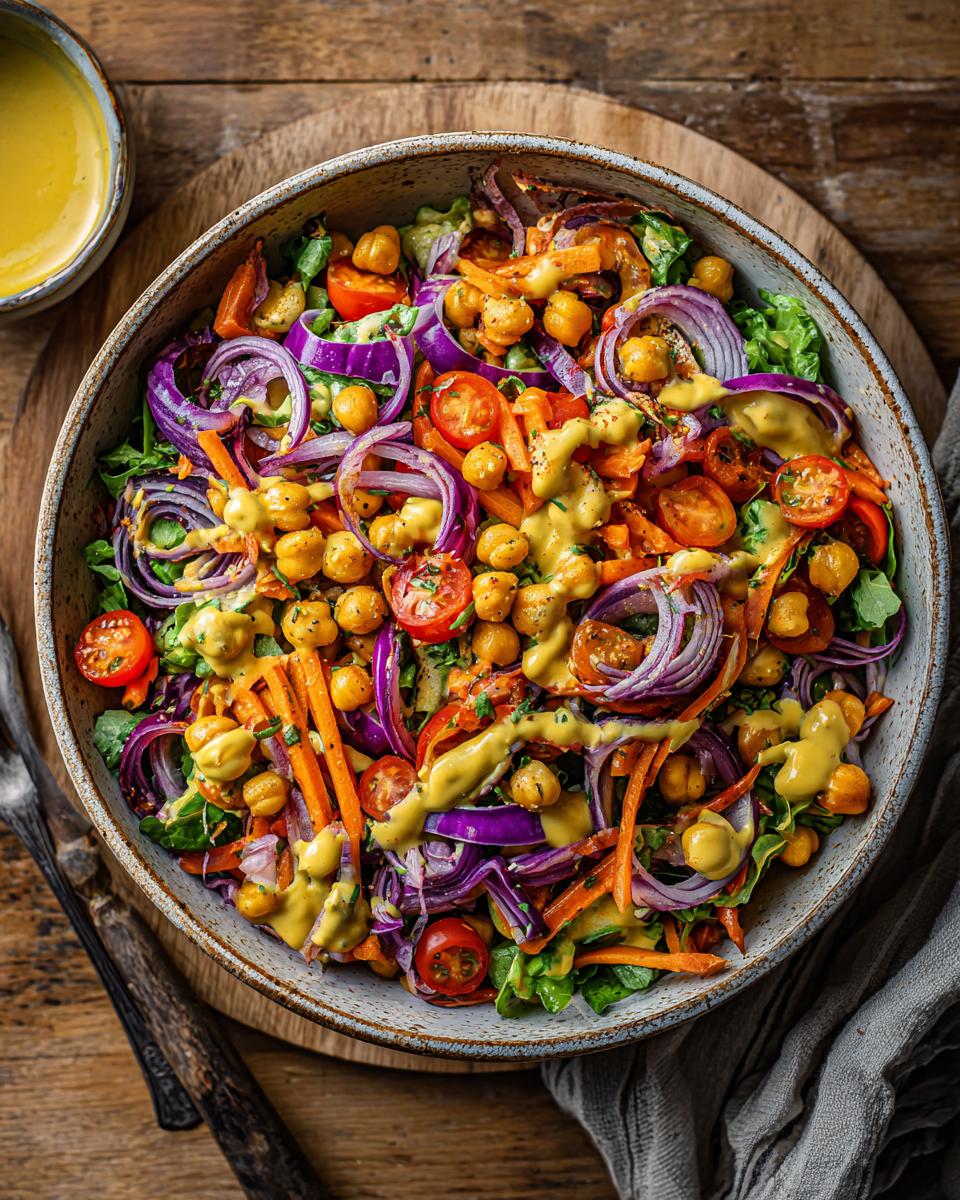 A colorful chickpea apple salad in a bowl, featuring chickpeas, red onion, cherry tomatoes, shredded carrots, and a creamy dressing.