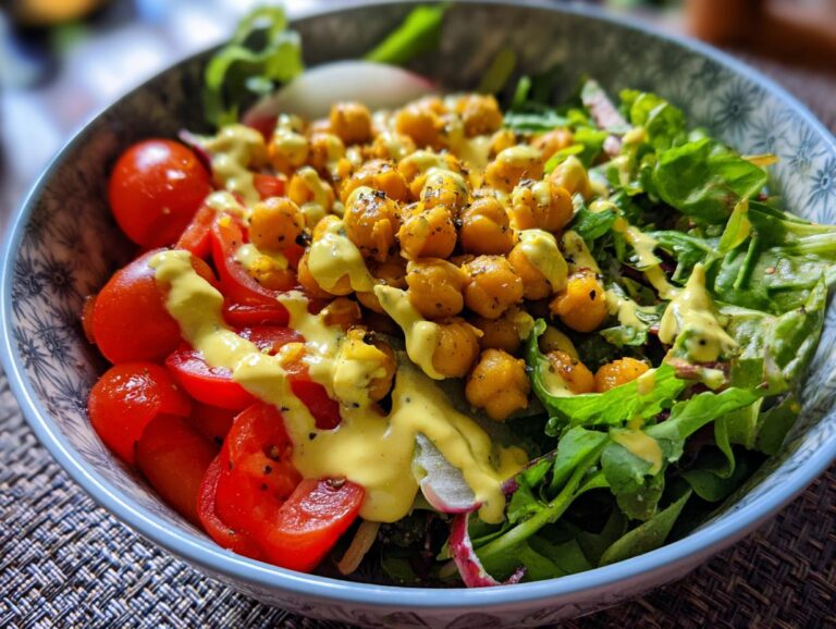 Close-up of a vibrant chickpea apple salad in a bowl, featuring chickpeas, cherry tomatoes, greens, and a creamy dressing.
