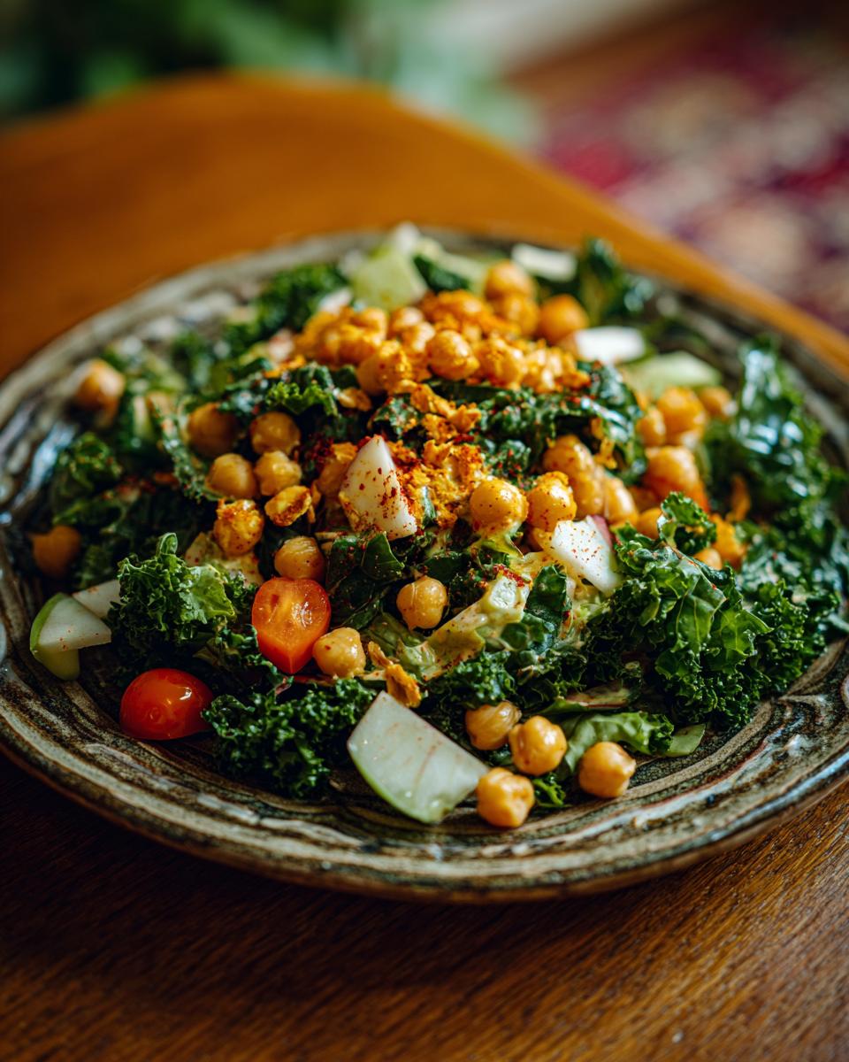 A vibrant chickpea apple salad featuring kale, chickpeas, apple chunks, and cherry tomatoes, topped with spices.
