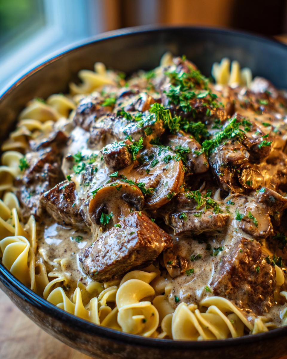 A close-up bowl of classic beef stroganoff served over egg noodles, topped with mushrooms and parsley.