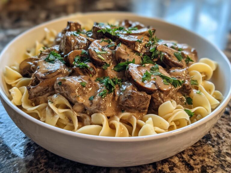 A close-up of a bowl of classic beef stroganoff served over egg noodles, garnished with fresh parsley.