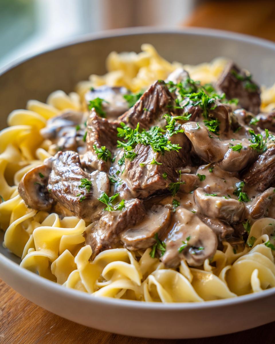 A close-up of classic beef stroganoff served over wide egg noodles, garnished with fresh parsley.