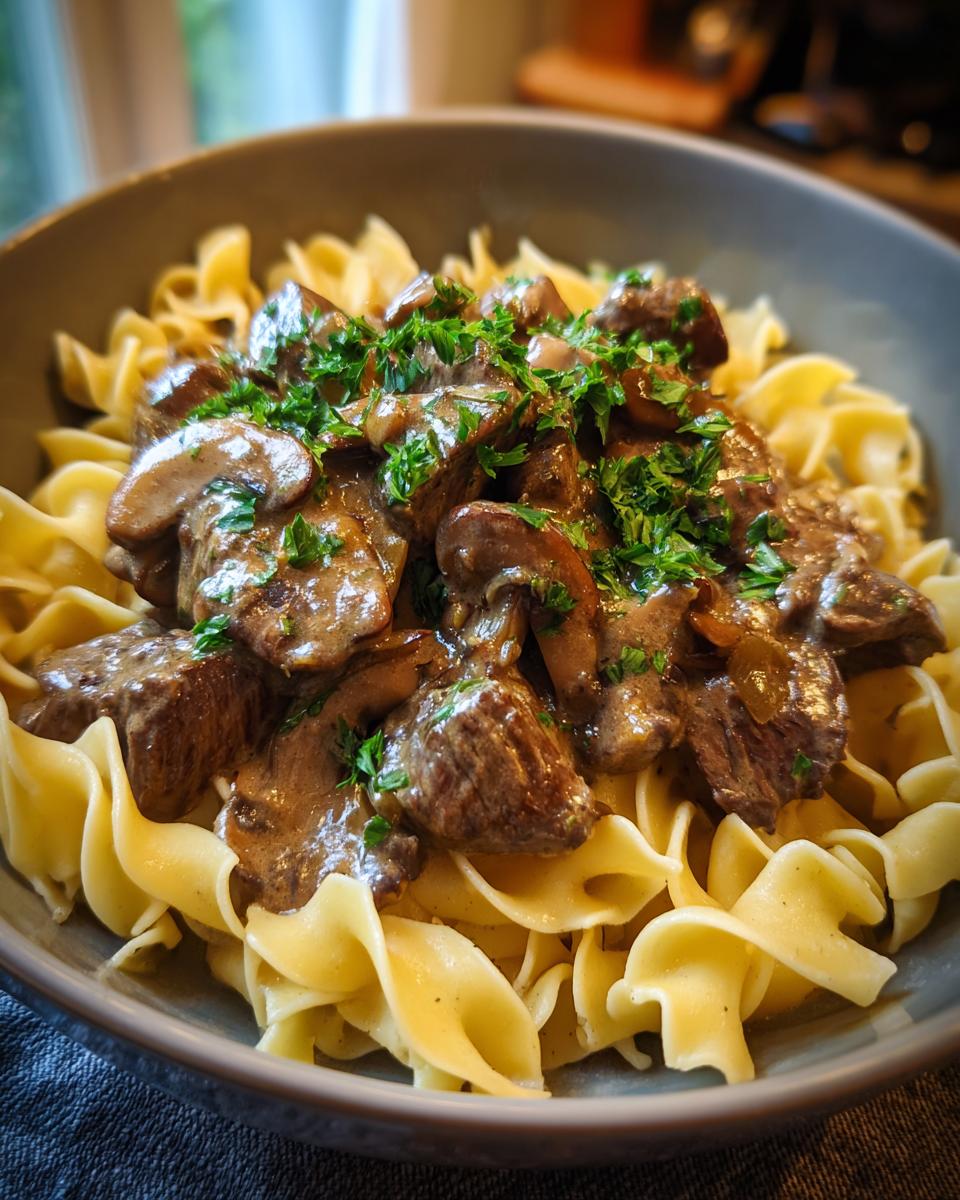 A close-up of a bowl of classic beef stroganoff served over egg noodles, topped with fresh parsley.