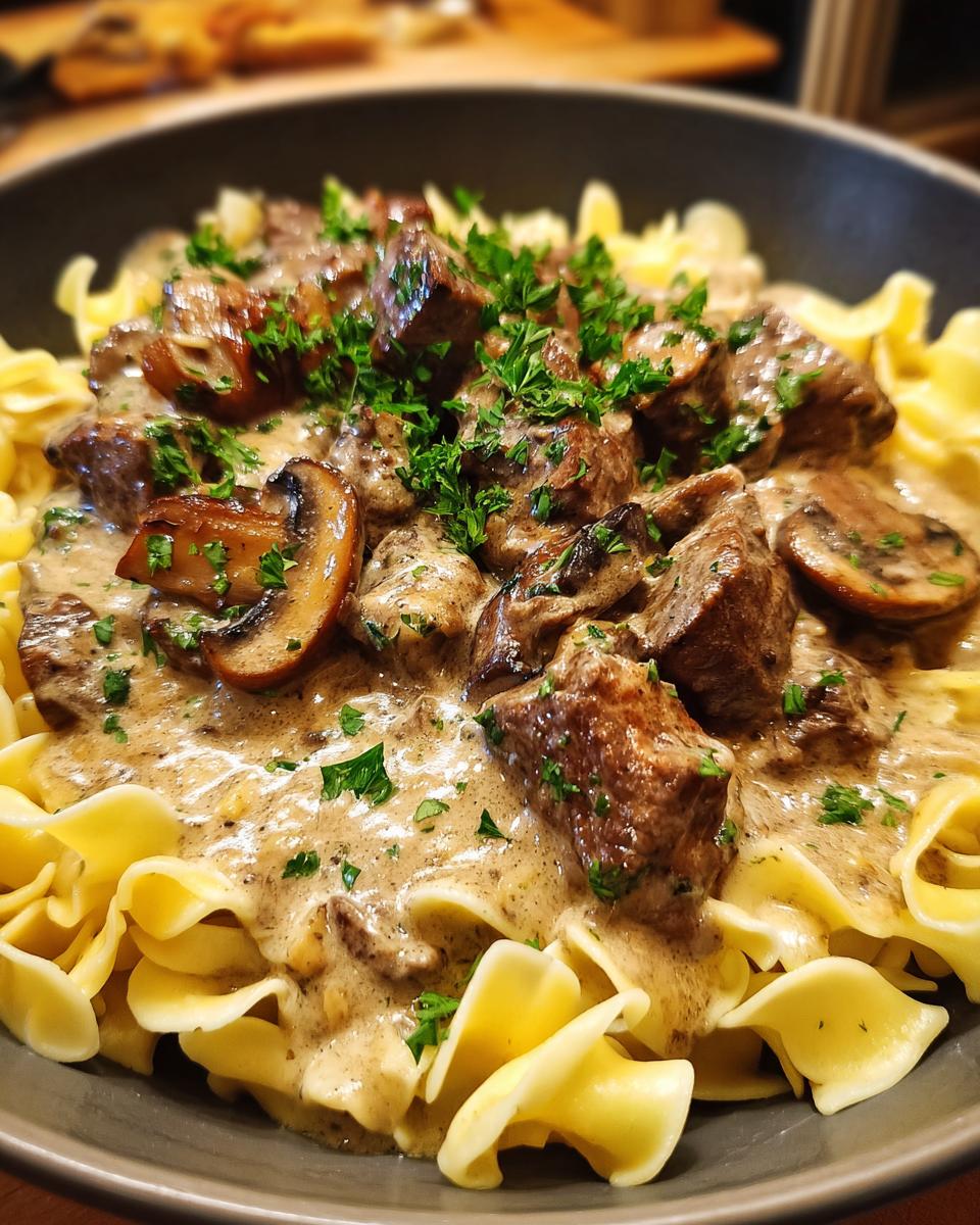 A close-up of a bowl of classic beef stroganoff served over wide egg noodles, topped with tender beef chunks, sliced mushrooms, and fresh parsley.