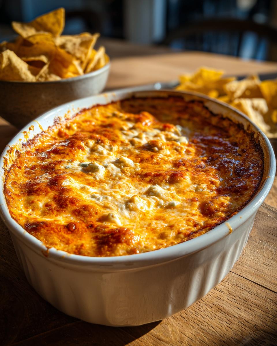 A bubbling hot classic buffalo chicken dip in a white baking dish, served with tortilla chips.