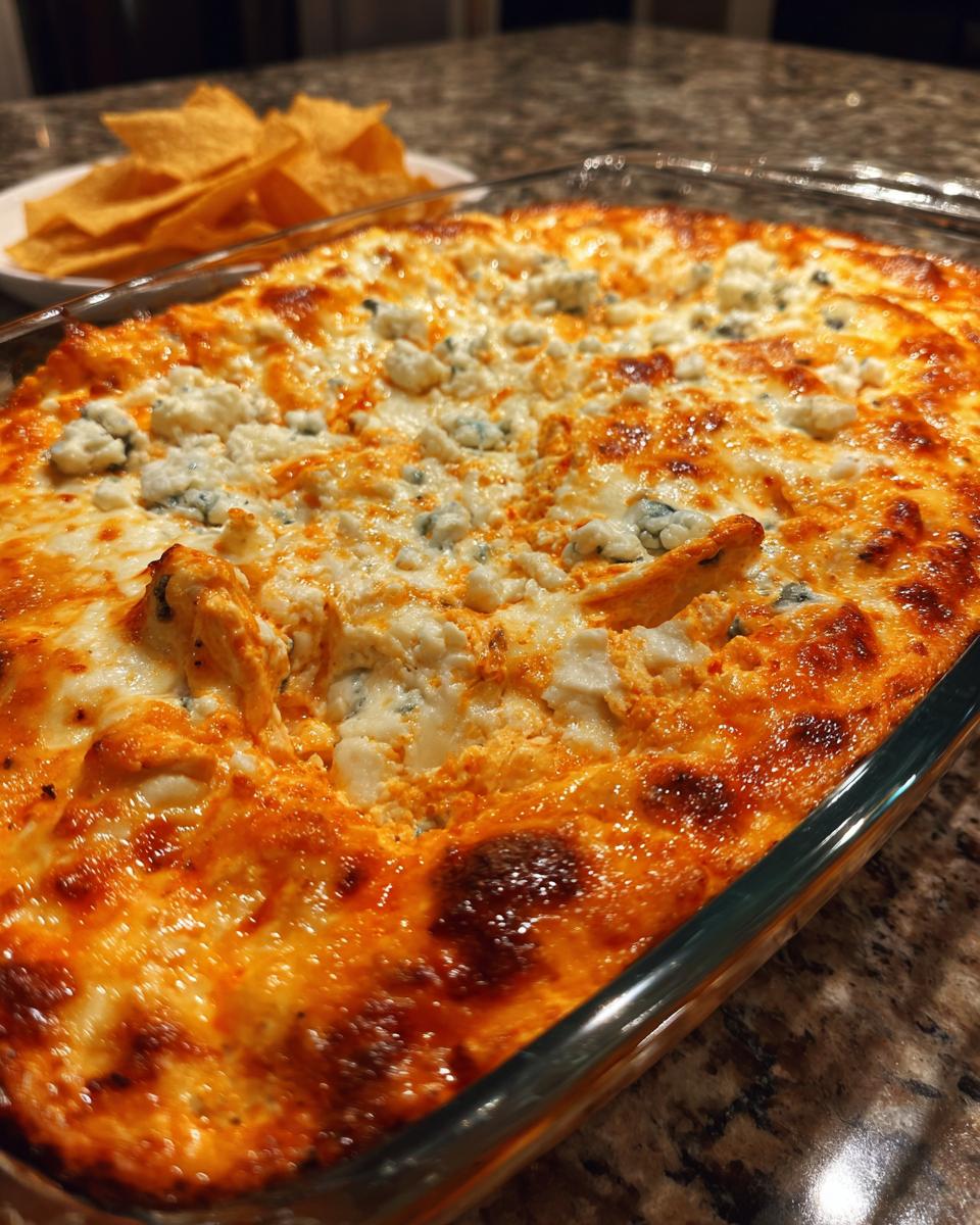 Close-up of a bubbling classic buffalo chicken dip topped with blue cheese crumbles in a glass baking dish.
