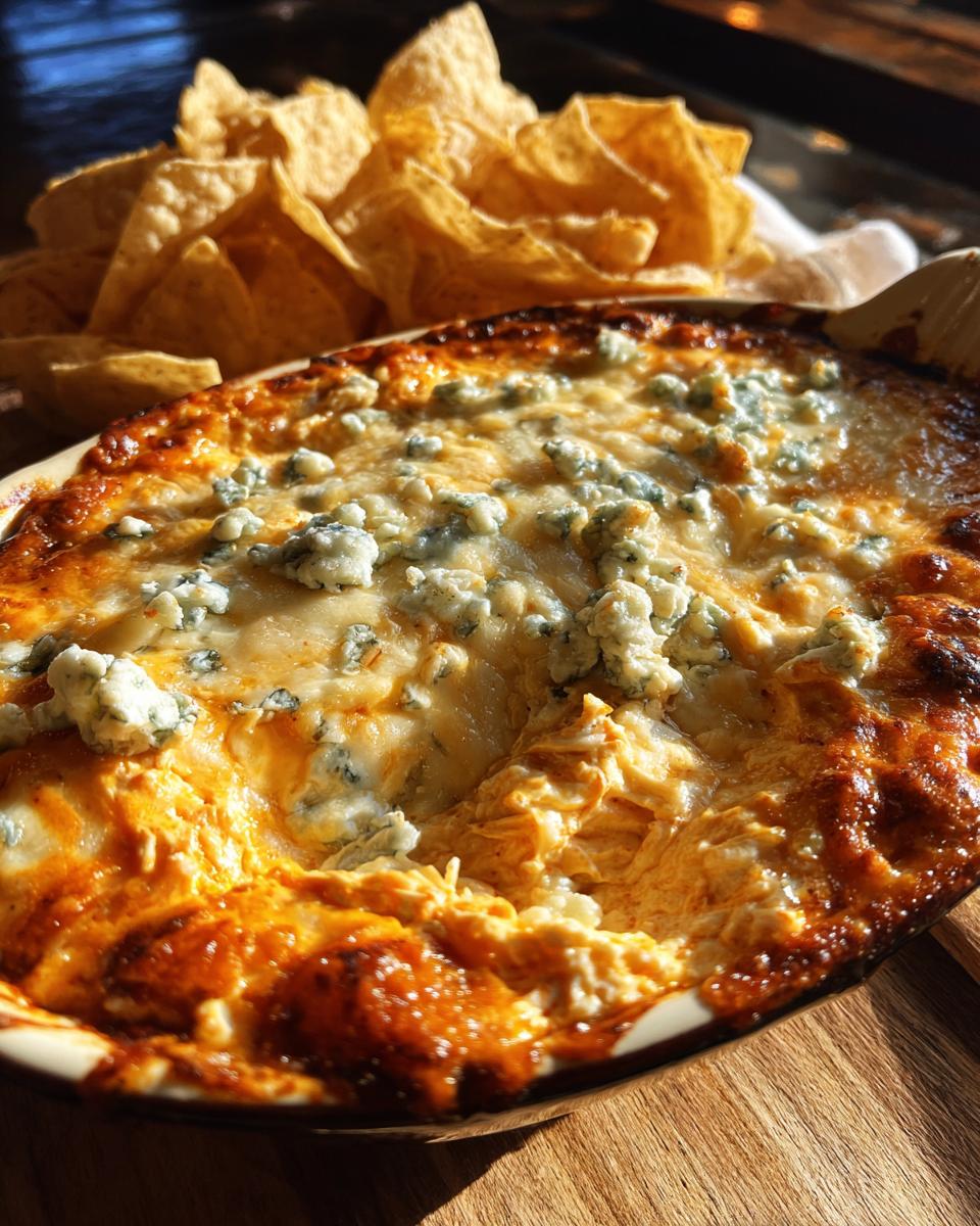 Close-up of a bubbling classic Buffalo chicken dip topped with blue cheese crumbles and served with tortilla chips.