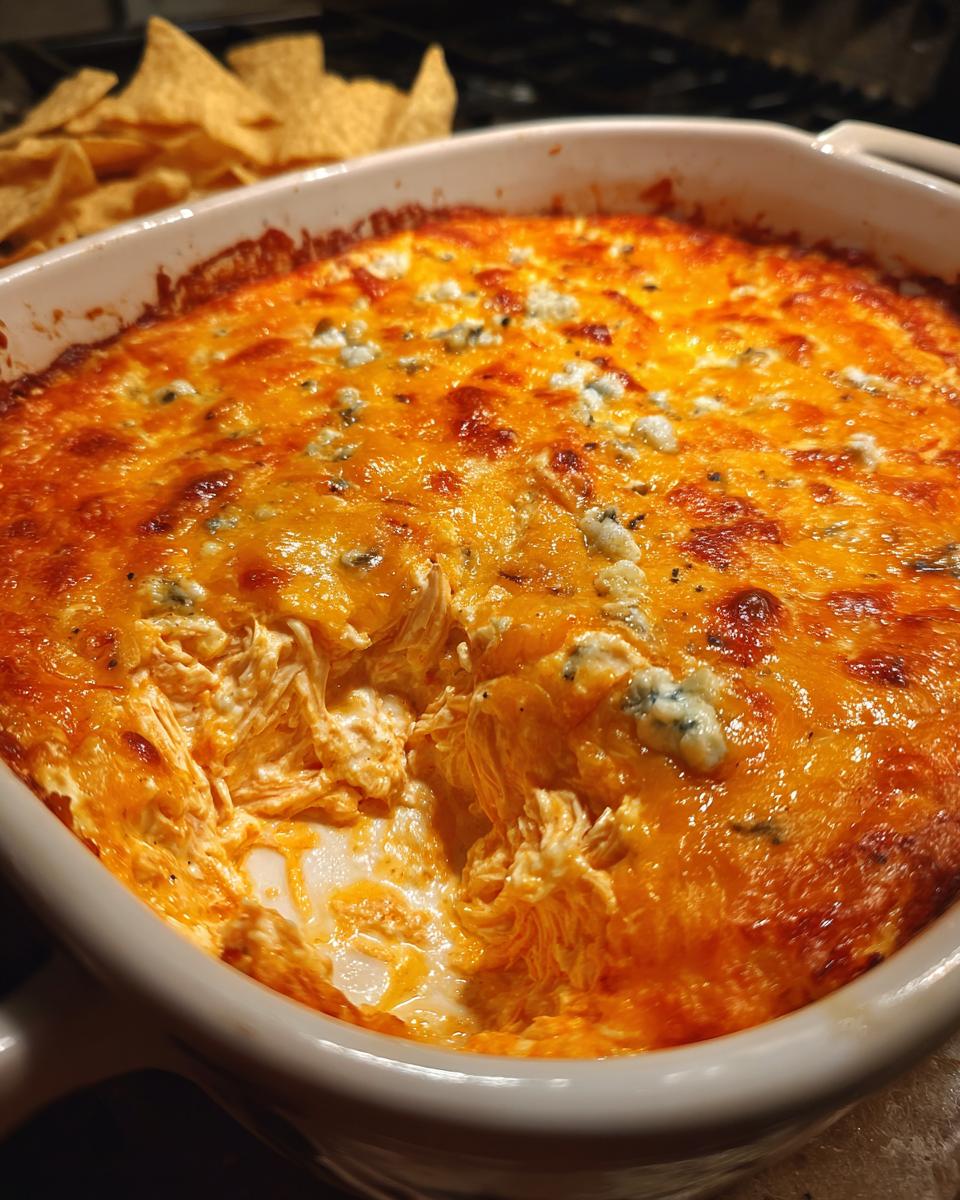 A bubbly, cheesy classic buffalo chicken dip with shredded chicken and blue cheese crumbles in a white baking dish, served with tortilla chips.