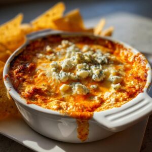 Close-up of a bubbling classic Buffalo chicken dip topped with crumbled blue cheese, served with tortilla chips.