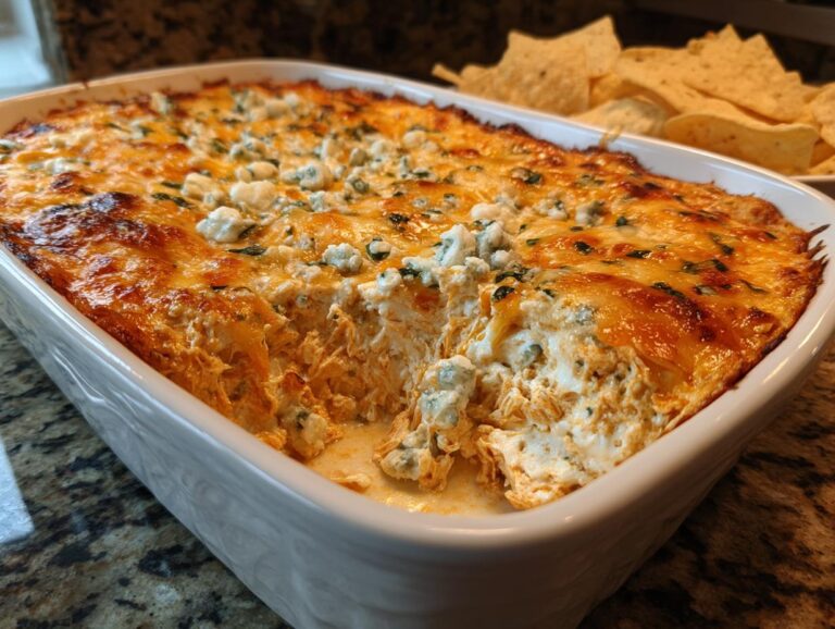 Close-up of a bubbling classic buffalo chicken dip in a white baking dish, topped with blue cheese crumbles and cilantro.