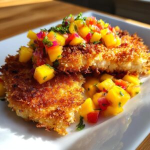 Close-up of golden coconut crusted fish topped with fresh mango salsa, served on a white plate.