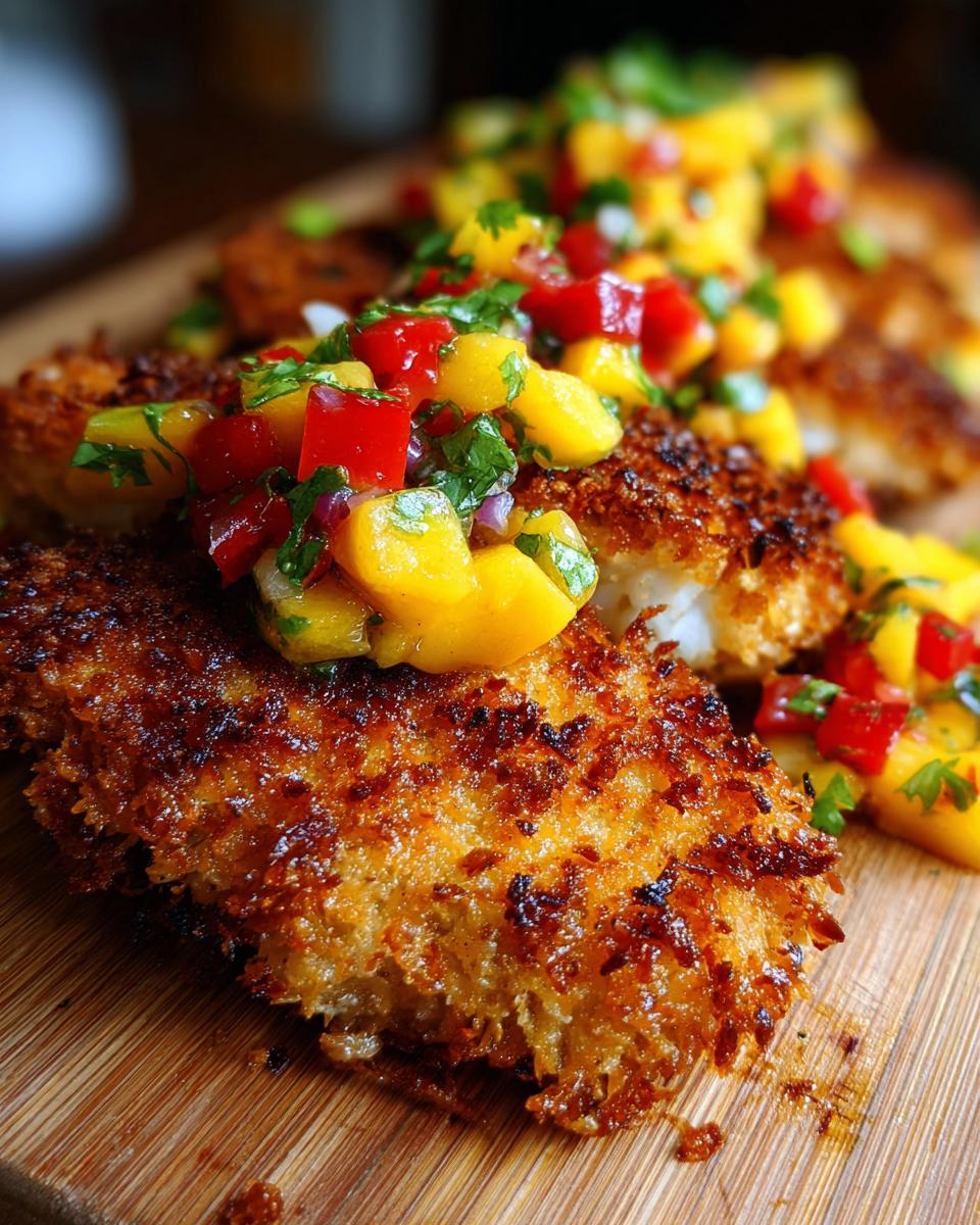 Close-up of golden coconut crusted fish topped with fresh mango salsa on a wooden board.