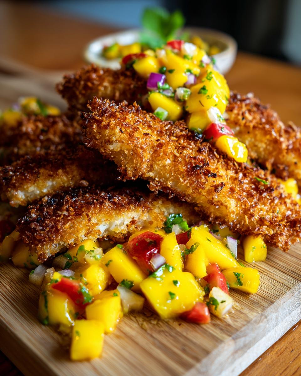 A close-up of golden brown coconut crusted fish served with a fresh mango salsa on a wooden board.