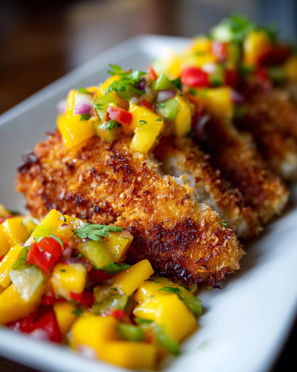 Close-up of golden coconut crusted fish fillets topped with a vibrant mango salsa.