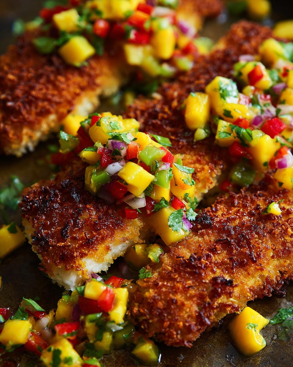 Close-up of perfectly golden coconut crusted fish topped with a vibrant mango salsa.