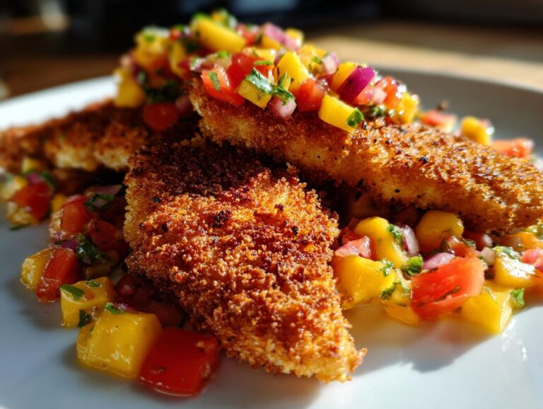 Close-up of golden brown coconut crusted fish served with a vibrant mango salsa.