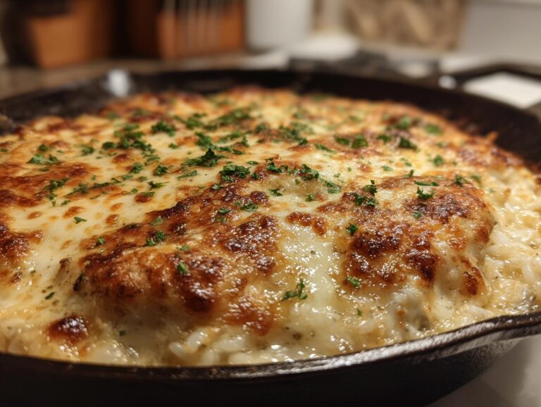 Close-up of a bubbly, golden brown Creamy Chicken and Rice Casserole topped with melted cheese and fresh parsley.
