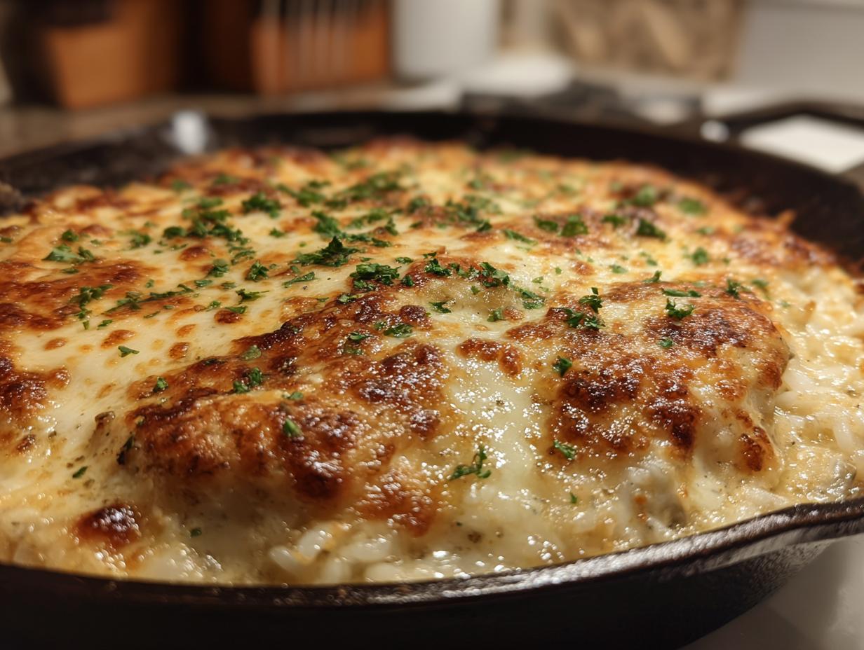 Close-up of a bubbly, golden brown Creamy Chicken and Rice Casserole topped with melted cheese and fresh parsley.