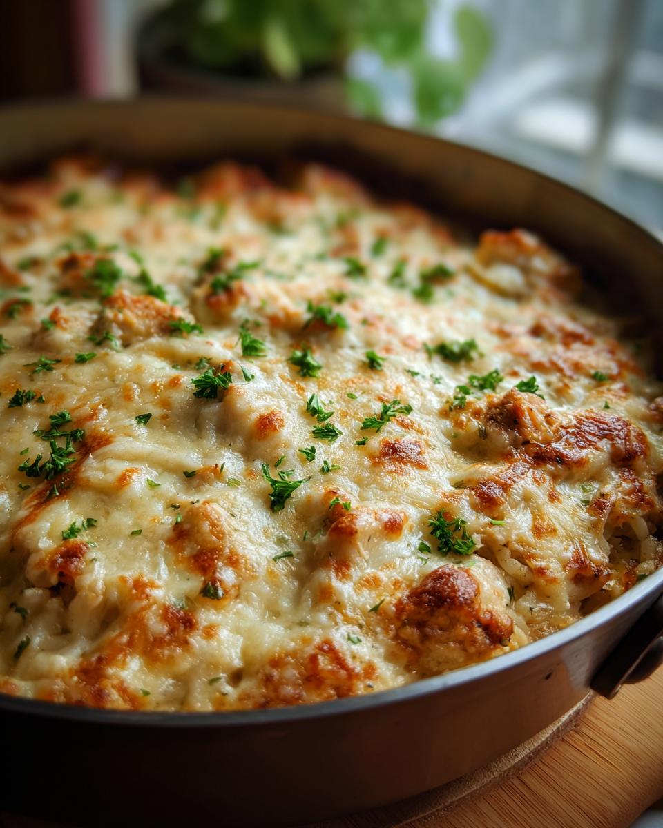 Close-up of a golden-brown, bubbly Creamy Chicken and Rice Casserole topped with melted cheese and fresh parsley.