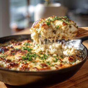 A serving spoon lifts a portion of creamy chicken and rice casserole, showing melted cheese strings, from a cast iron skillet.