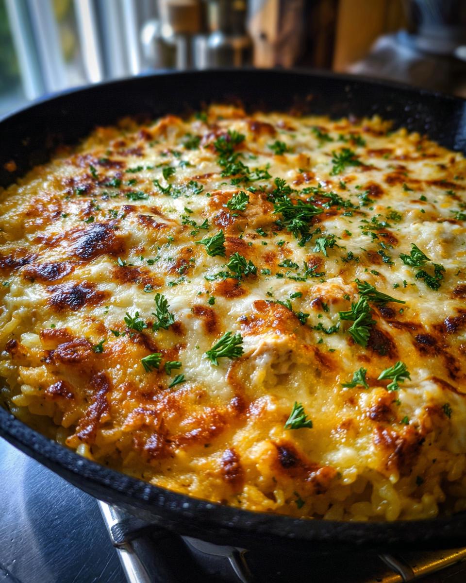 A close-up of a bubbling creamy chicken and rice casserole topped with melted cheese and fresh parsley in a cast iron skillet.