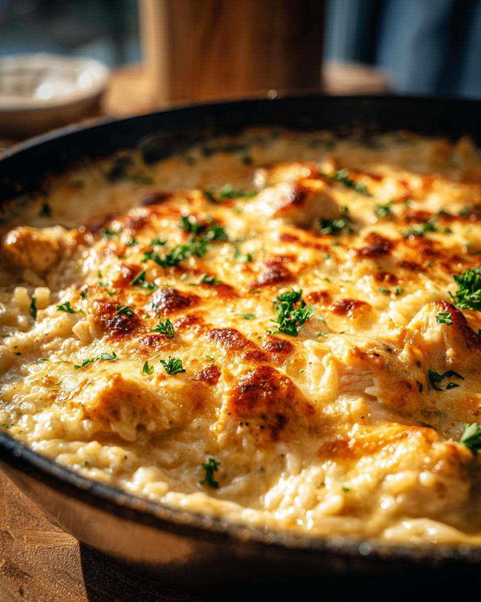 Close-up of a freshly baked creamy chicken and rice casserole in a black skillet, topped with melted cheese and parsley.