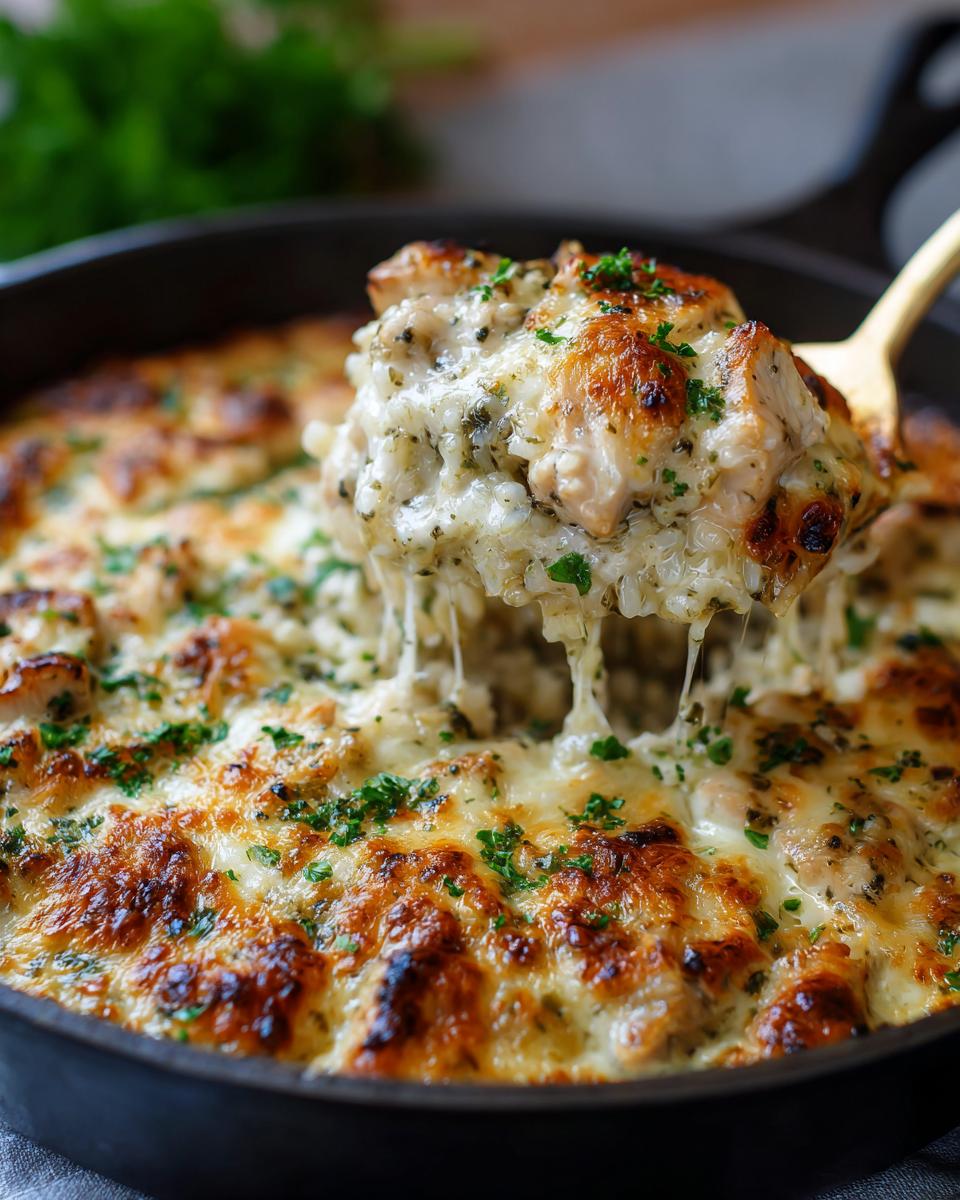 A spoonful lifts a serving of creamy chicken and rice casserole, showing gooey melted cheese and tender chicken pieces.