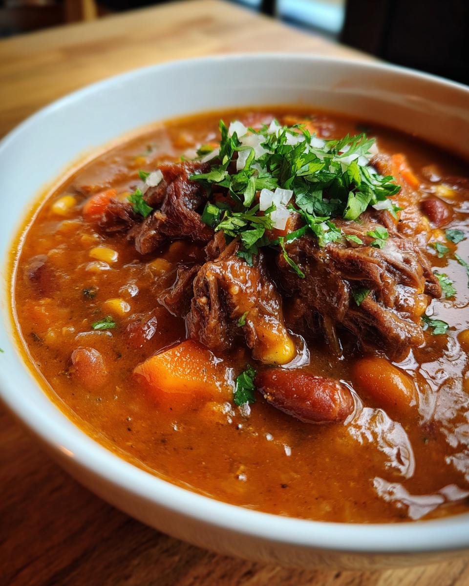 A close-up of a bowl of Creamy Cowboy Soup, featuring tender beef, kidney beans, corn, and carrots, topped with fresh parsley and diced onions.