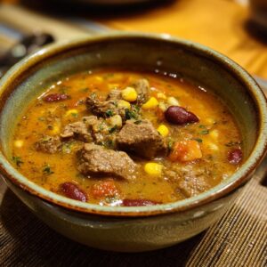 A close-up of a bowl of creamy cowboy soup, filled with tender beef chunks, kidney beans, corn, and herbs.