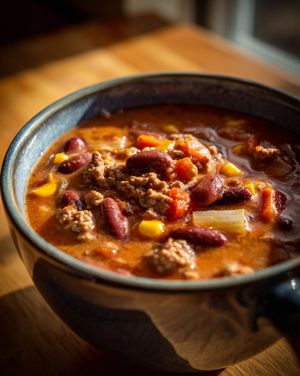 A close-up of a bowl of hearty Creamy Cowboy Soup, filled with ground beef, kidney beans, corn, and celery.