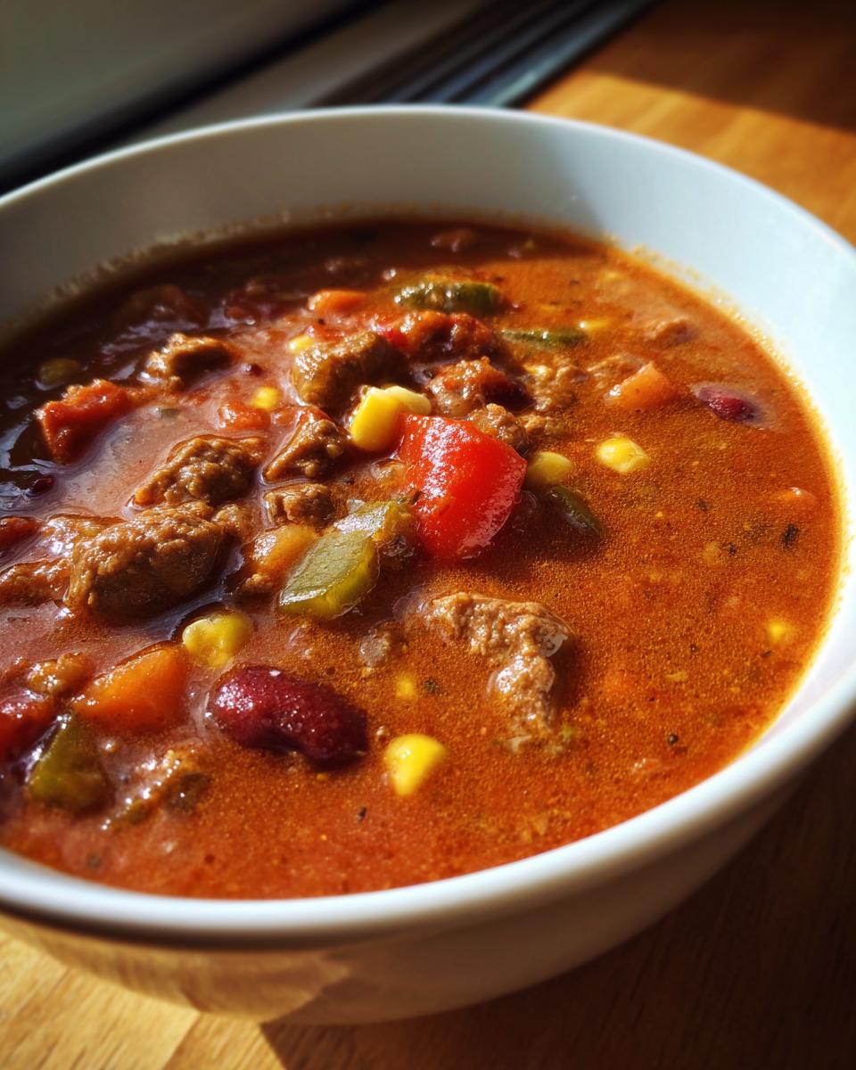A close-up of a bowl of hearty Creamy Cowboy Soup, filled with beef, beans, corn, and tomatoes.
