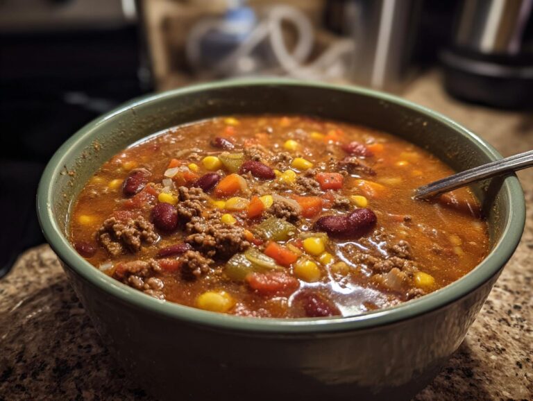 A close-up of a bowl of hearty Creamy Cowboy Soup, filled with ground beef, kidney beans, corn, and vegetables.