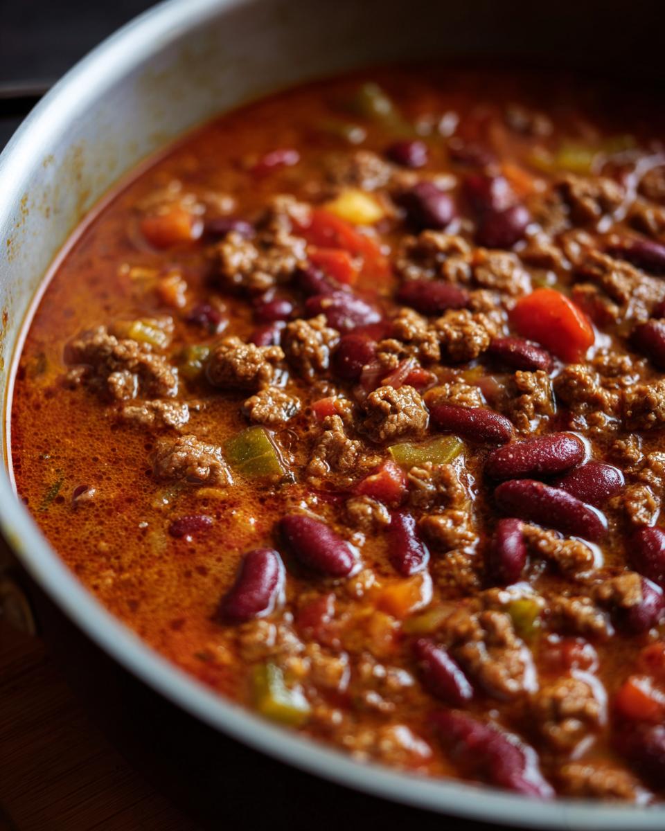 Close-up of a pot filled with hearty Creamy Cowboy Soup, featuring ground beef, kidney beans, and vegetables in a rich broth.