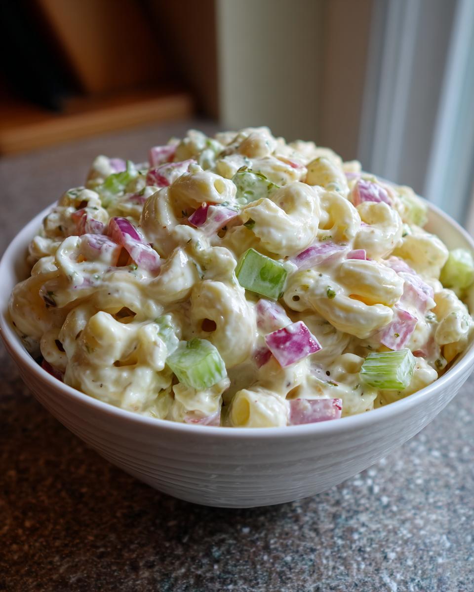A close-up of a bowl filled with creamy macaroni salad, featuring elbow pasta, diced red onion, and celery.