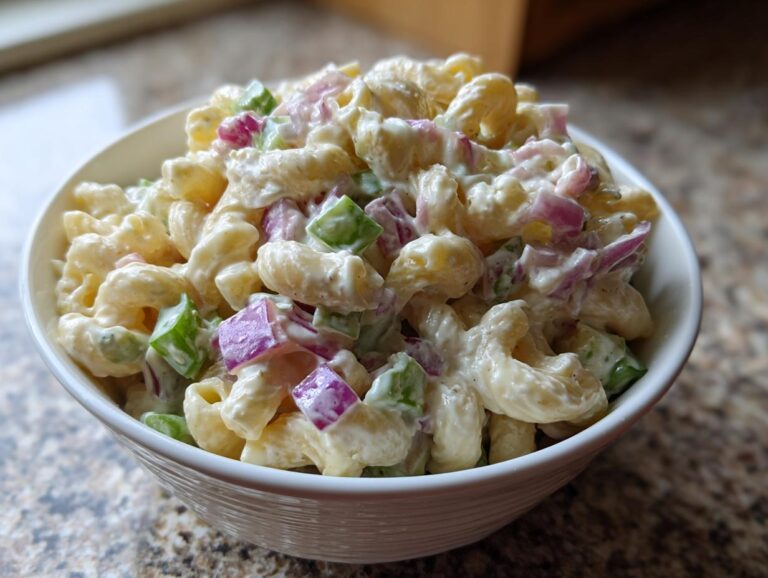 Close-up of a white bowl filled with creamy macaroni salad, featuring elbow macaroni, diced red onion, and green bell pepper.