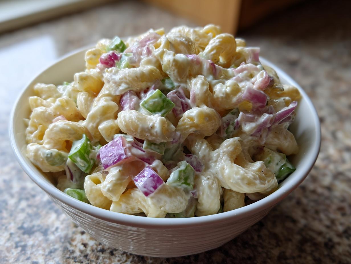 Close-up of a white bowl filled with creamy macaroni salad, featuring elbow macaroni, diced red onion, and green bell pepper.