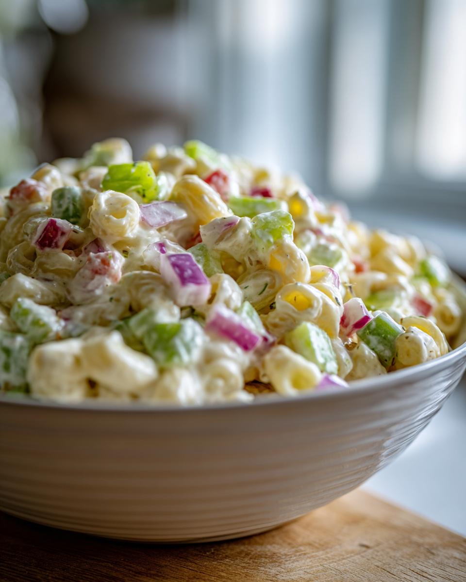A close-up of a bowl of creamy macaroni salad with chopped celery, red onion, and herbs.