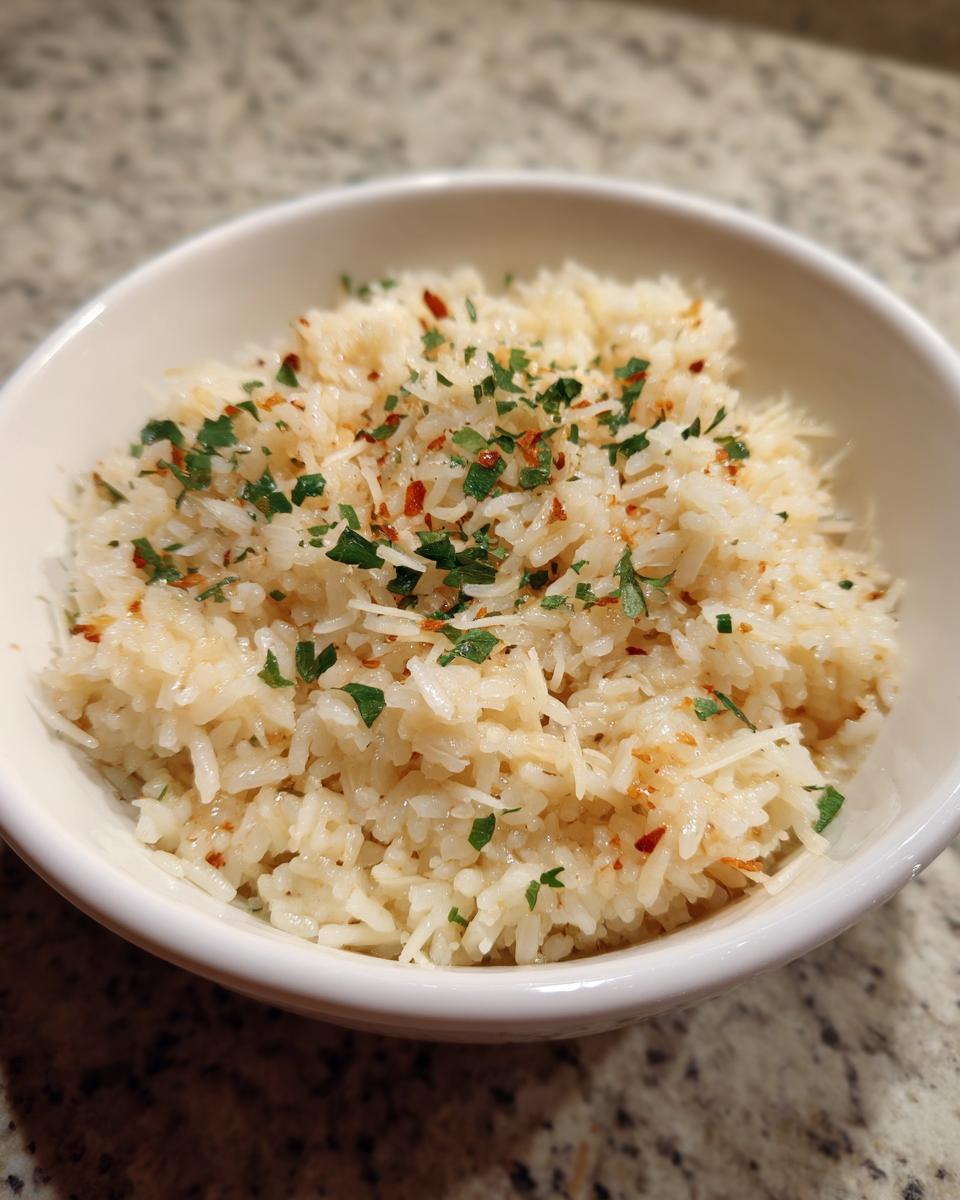 A close-up of a white bowl filled with creamy parmesan rice, topped with chopped parsley and red pepper flakes.