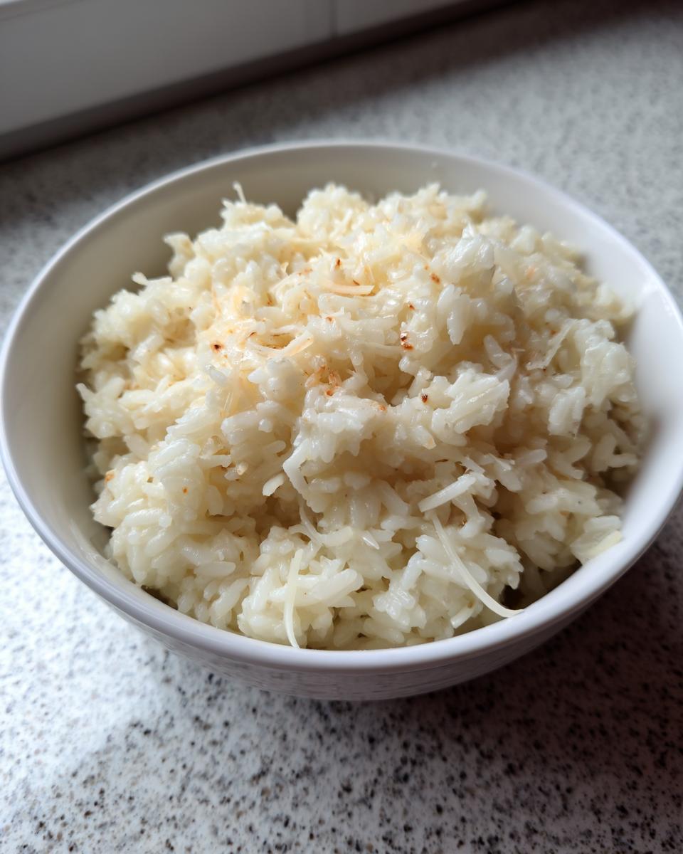 A close-up of a white bowl filled with creamy parmesan rice, topped with shredded cheese.