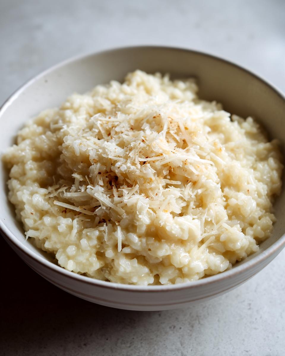 A close-up shot of a bowl filled with creamy parmesan rice, topped with grated parmesan cheese.