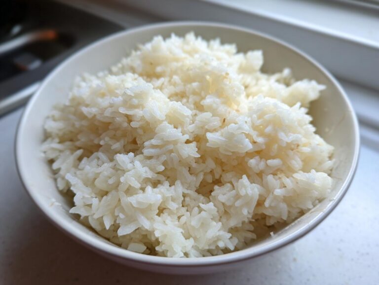 A close-up shot of fluffy, white Creamy Parmesan Rice served in a light-colored bowl.