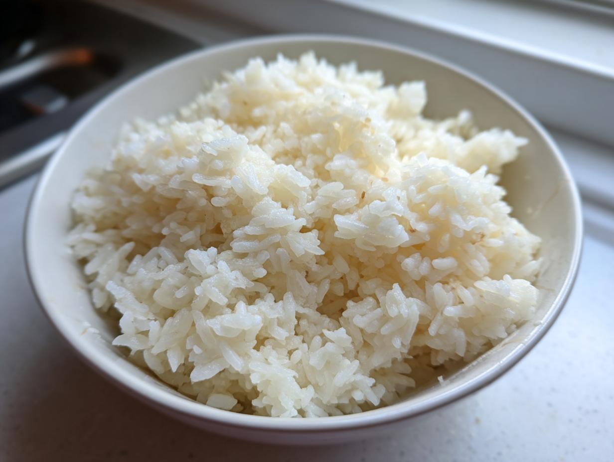 A close-up shot of fluffy, white Creamy Parmesan Rice served in a light-colored bowl.