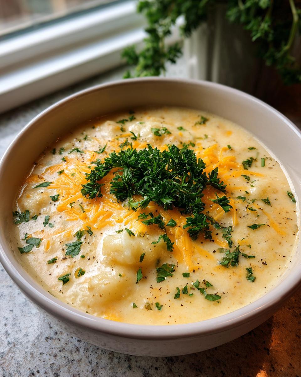 A close-up of a bowl of creamy potato soup, topped with shredded cheddar cheese and fresh parsley.