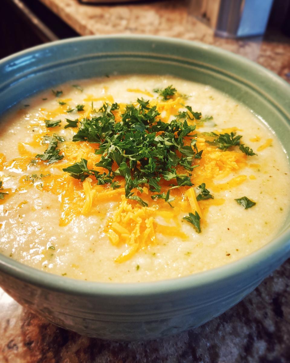 A close-up of a bowl of creamy potato soup topped with shredded cheddar cheese and fresh parsley.