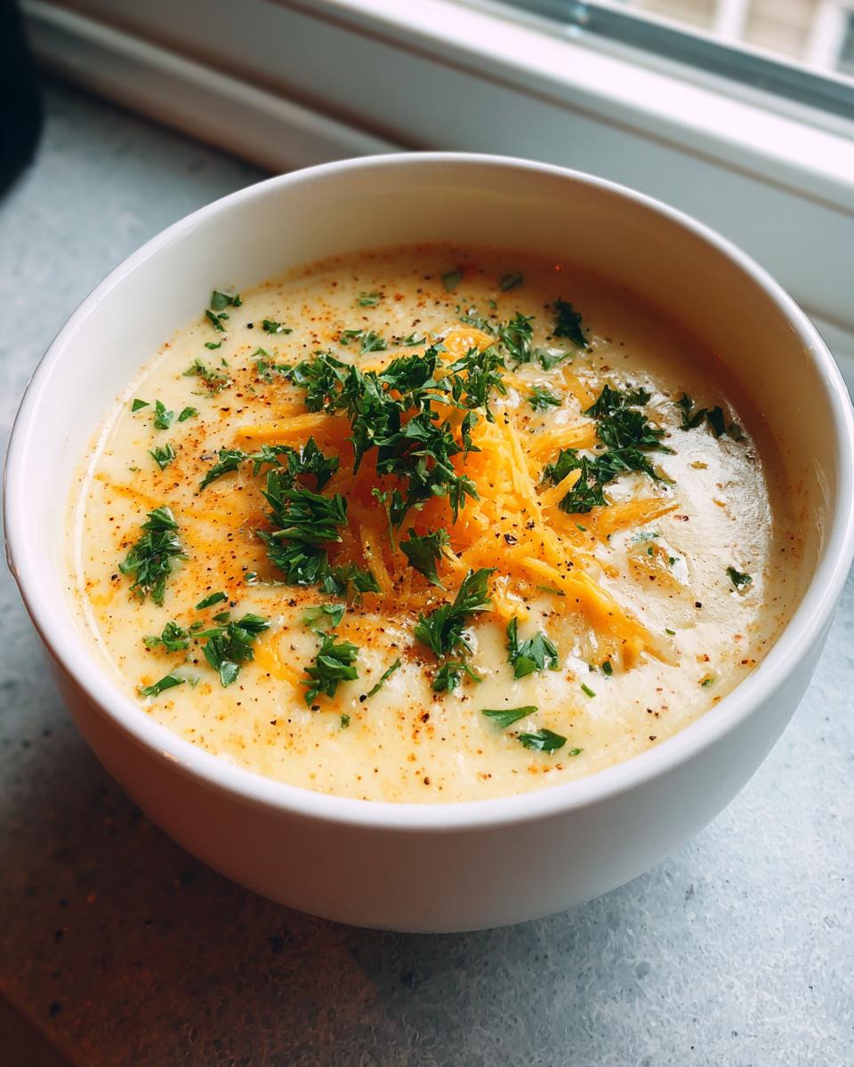 A close-up of a white bowl filled with creamy potato soup, topped with shredded cheddar cheese and fresh parsley.