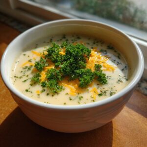 A close-up of a bowl of creamy potato soup topped with shredded cheddar cheese and fresh parsley.