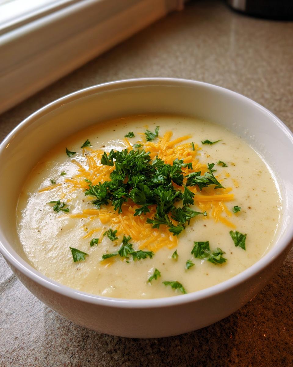 A close-up of a bowl of creamy potato soup topped with shredded cheddar cheese and fresh parsley.