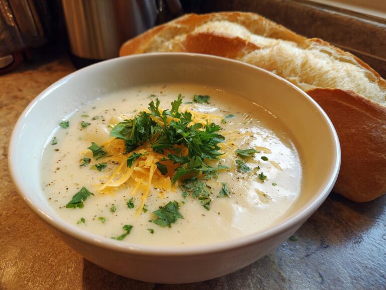 A bowl of creamy potato soup topped with shredded cheese and fresh parsley, served with a crusty bread roll.