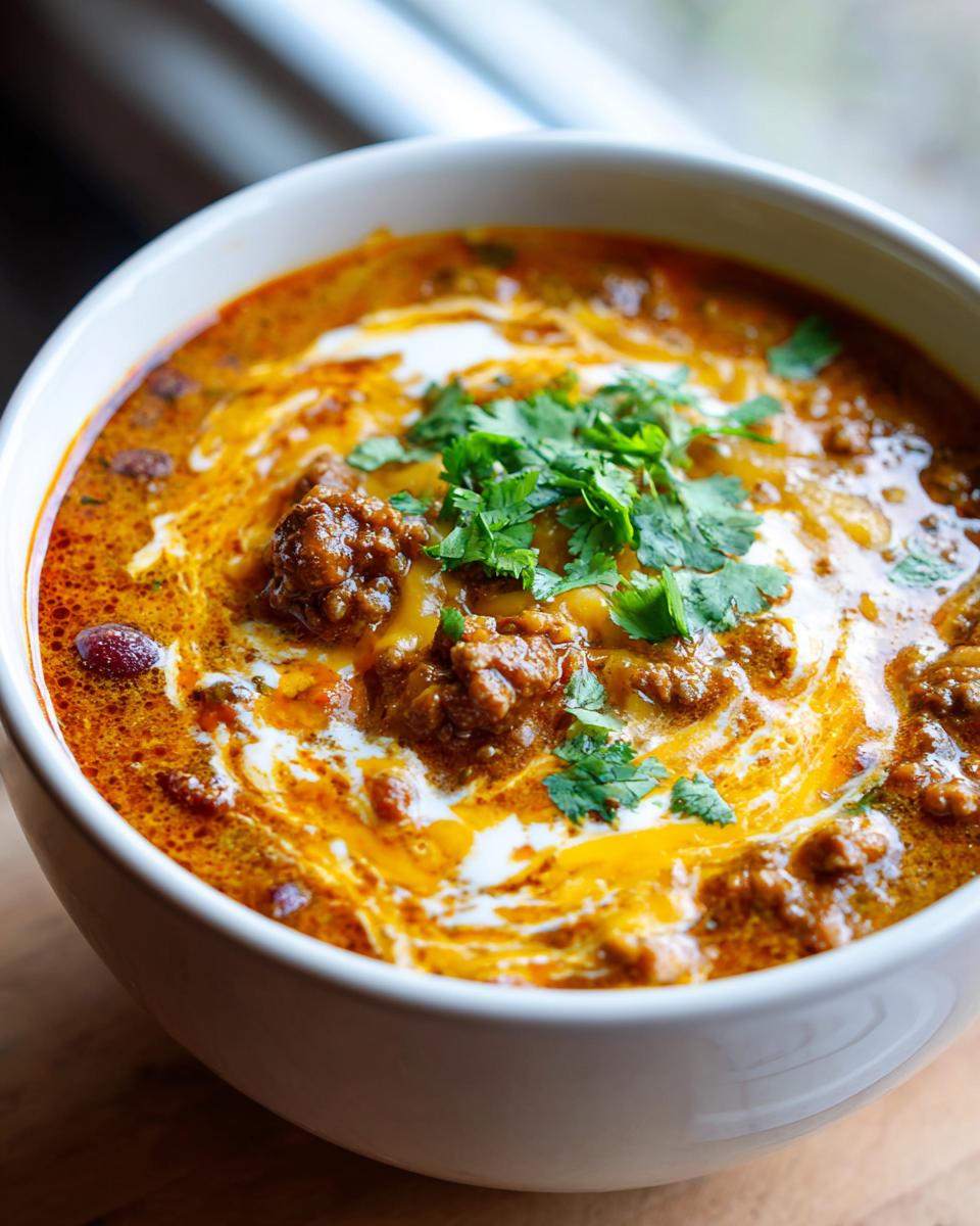 A close-up of a bowl of Creamy Taco Soup, featuring ground beef, beans, and a swirl of cream, garnished with fresh cilantro.