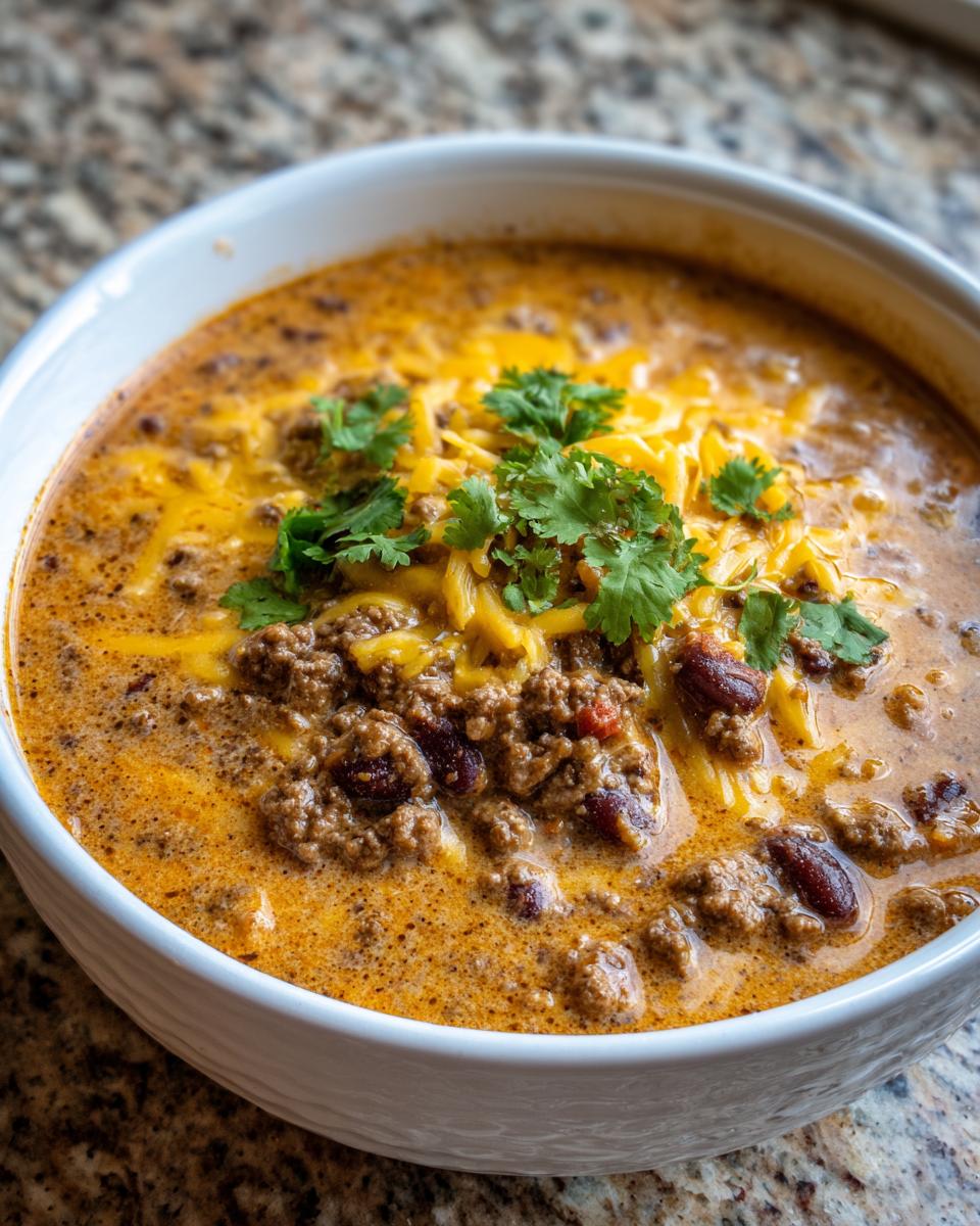 A close-up of a bowl of Creamy Taco Soup, topped with shredded cheddar cheese and fresh cilantro.